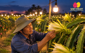 Dragon fruit farmer put lights long an Vietnam